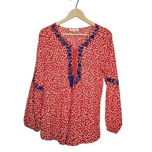 Solitaire Floral Summer Red Blue embroidered boho long sleeve blouse Size Medium